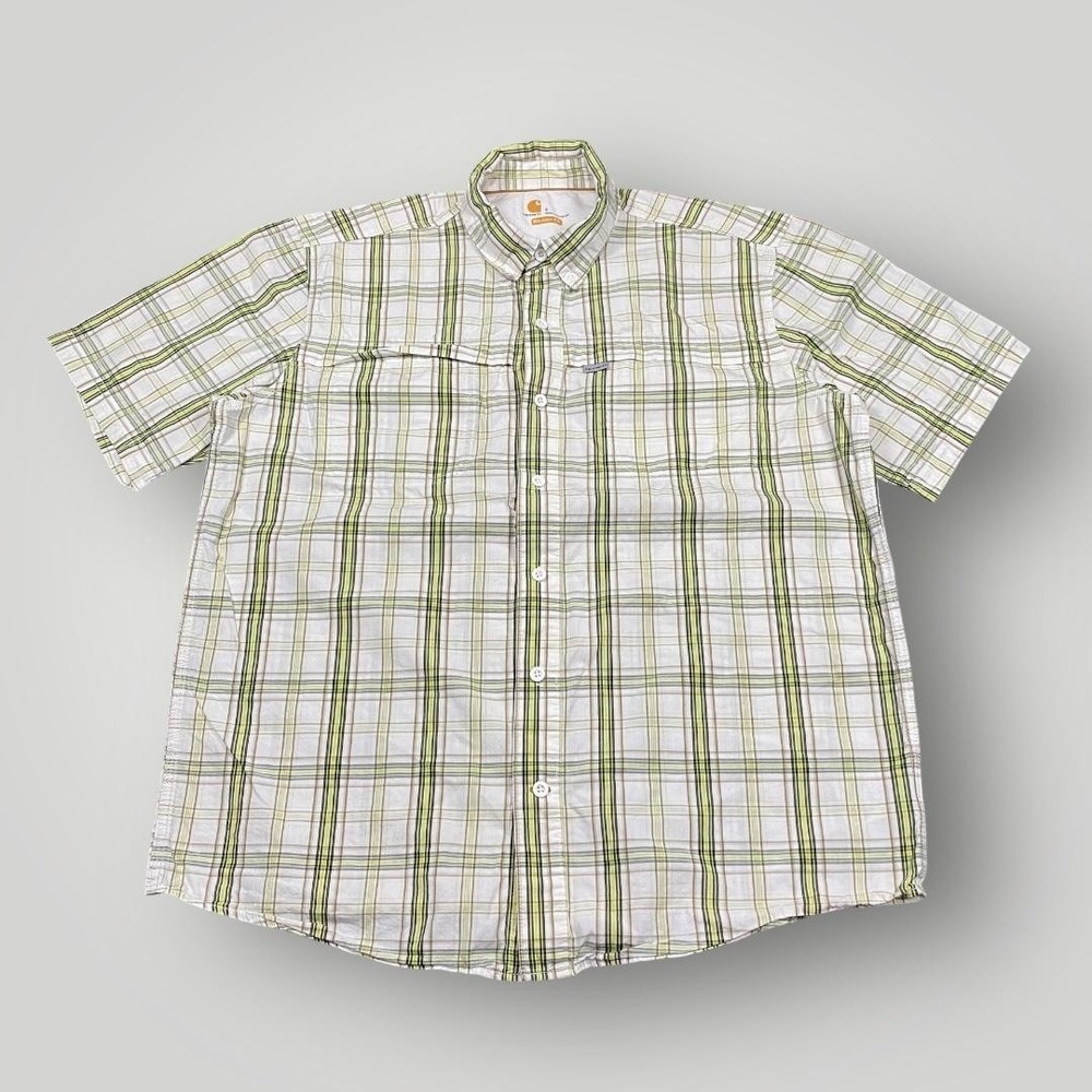 Carhartt Force Shirt Mens‎ Large Green Plaid Short Sleeve Vented Fishing Work